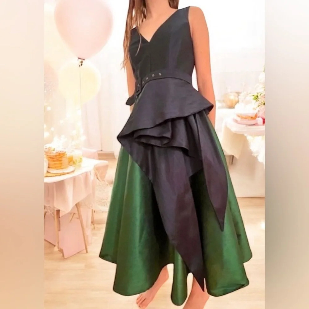 Asymmetric Ruffle Two-Tone Dupioni Belted Dress women size extra small XS